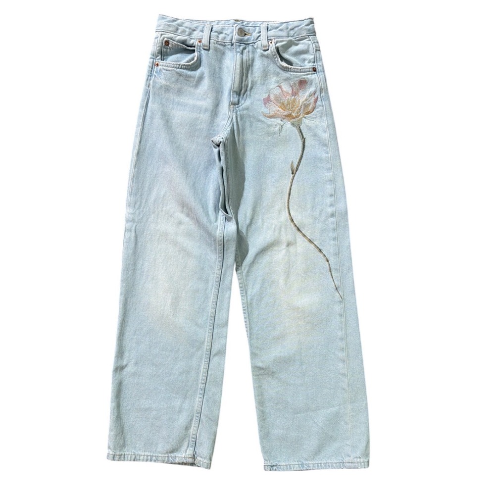 Zara Girls Light Wash Floral Embroidered Wide Leg Jeans Blue Size 12-13 Years